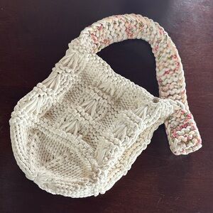 Yarn It All Handmade Cream Knit Bag with Multicolor Handle